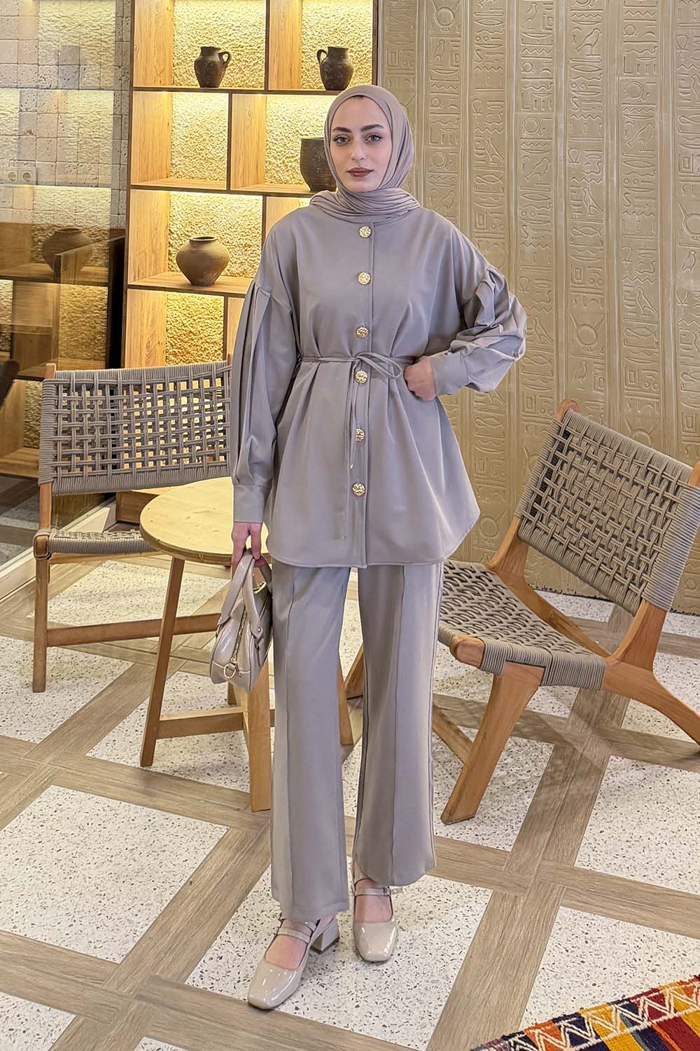 Light Grey Crew Neck Long Arm Cotton Regular Trousers Comfortable Suit