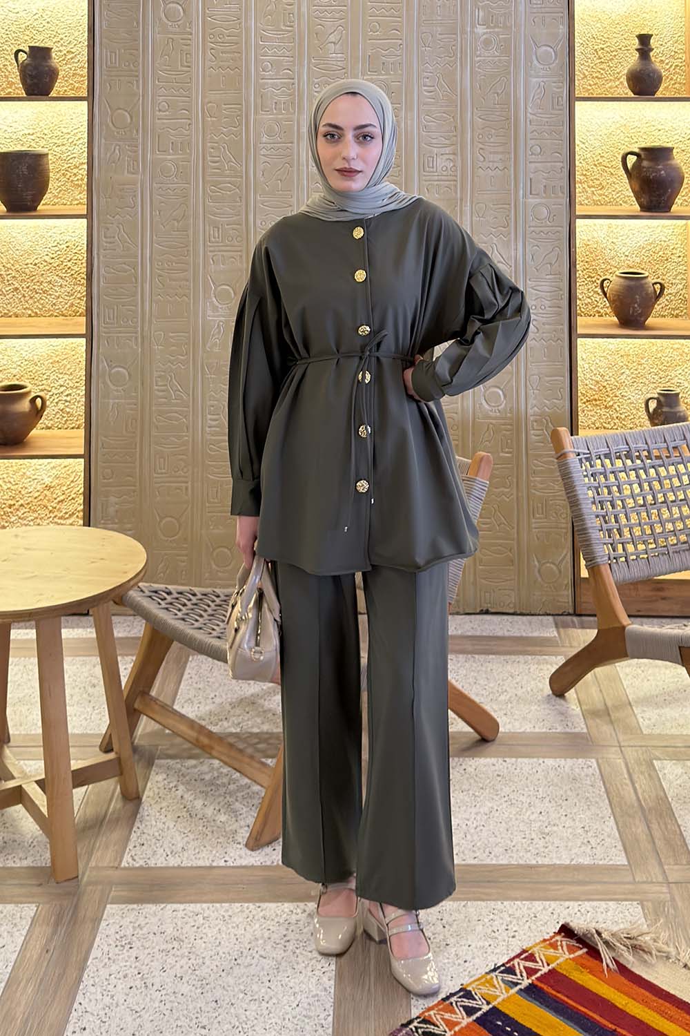 Lamelif Gold Düğme Detaylı Pantolonlu Takım Açık Haki