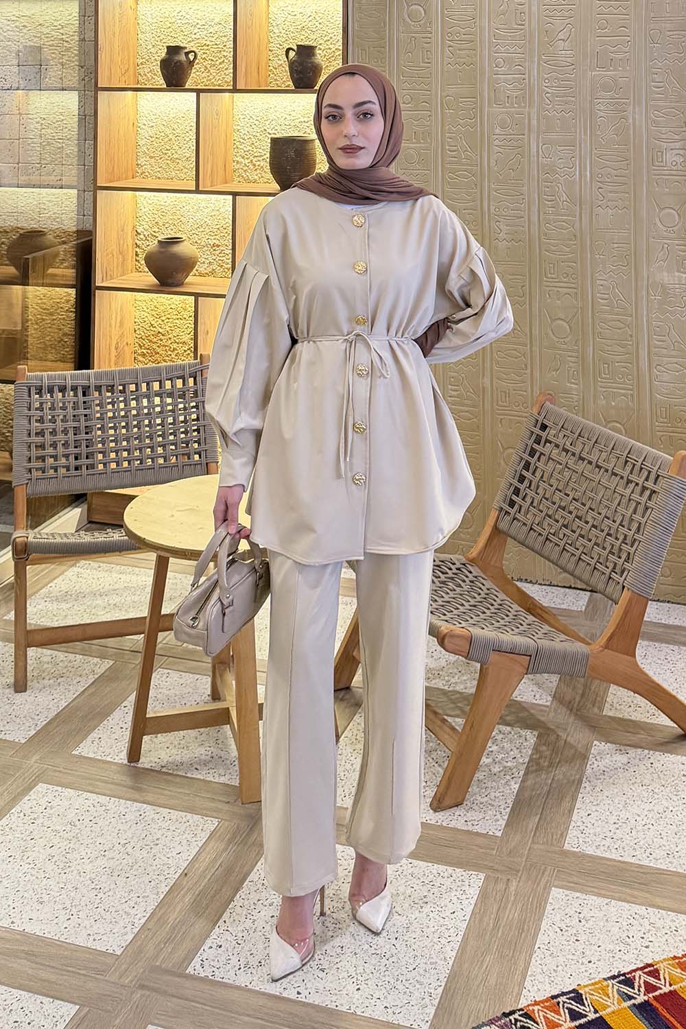 Stone Crew Neck Long Arm Cotton Regular Trousers Comfortable Suit