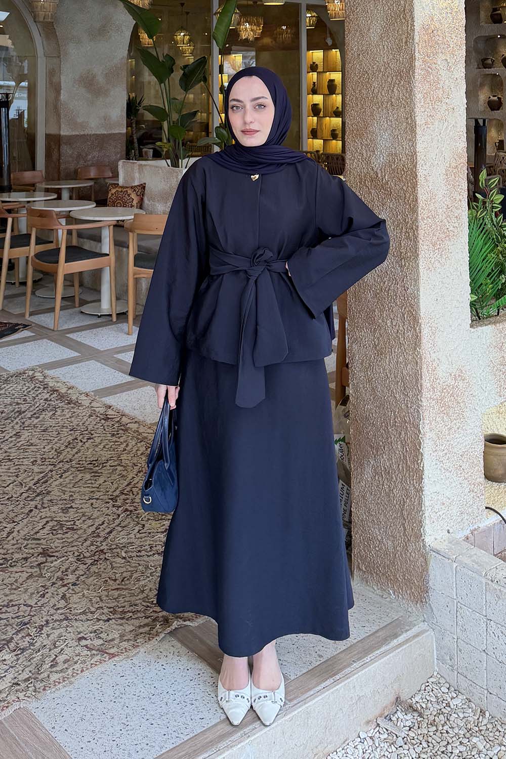 Lamelif Gold Düğmeli Etekli Takım Lacivert