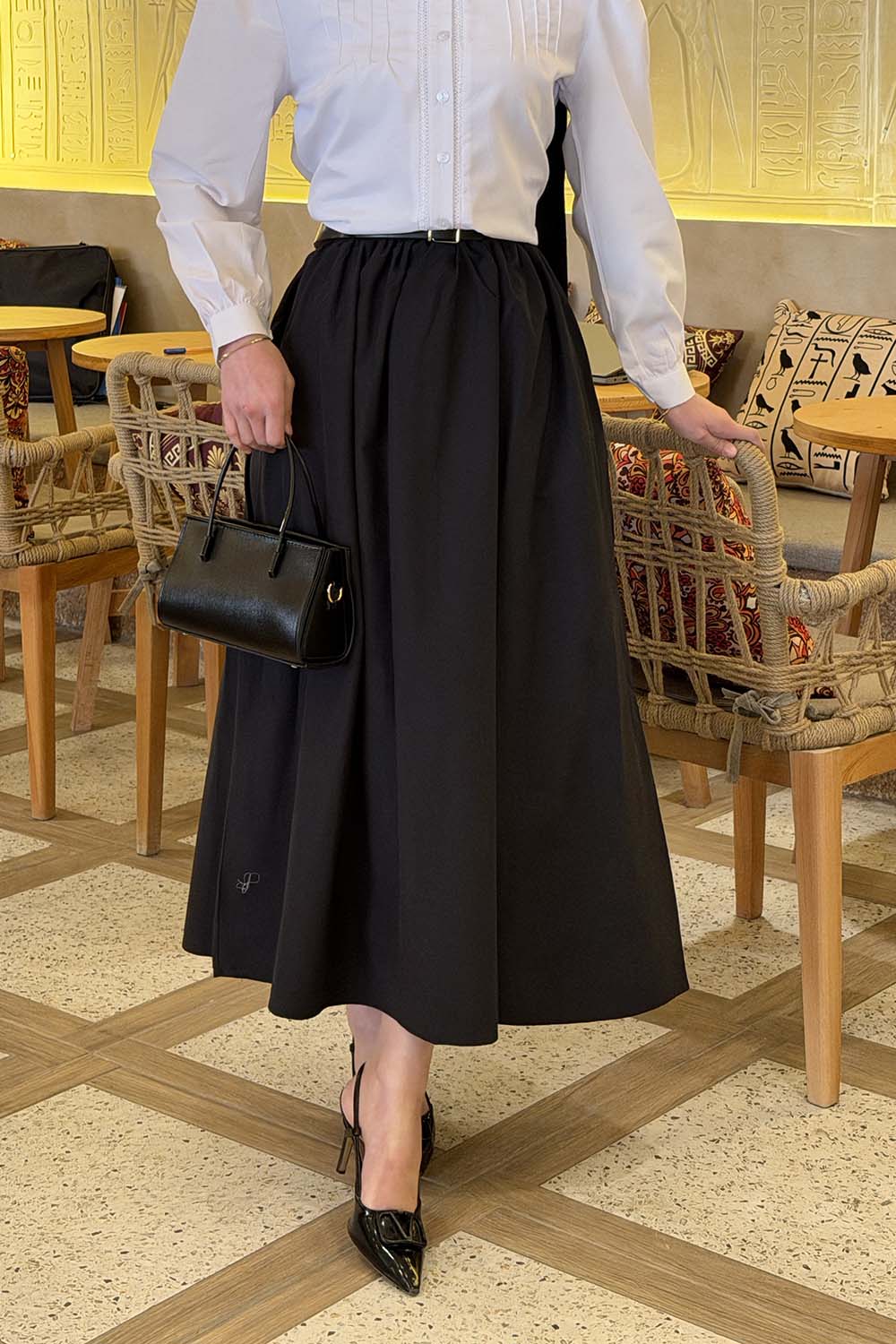 Lamelif Kemerli Poplin Etek Siyah