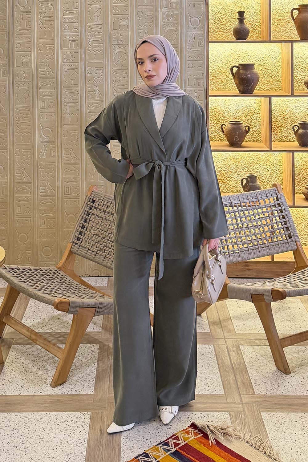 Lamelif Şal Yaka Tensel Pantolonlu Takım Haki