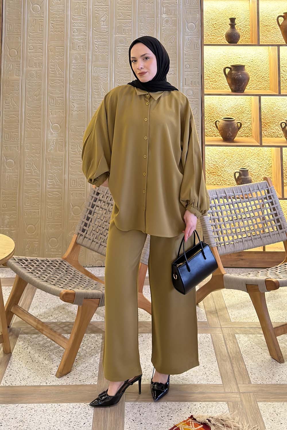 Lamelif Kol Büzgü Detaylı Takım Yağ Yeşili