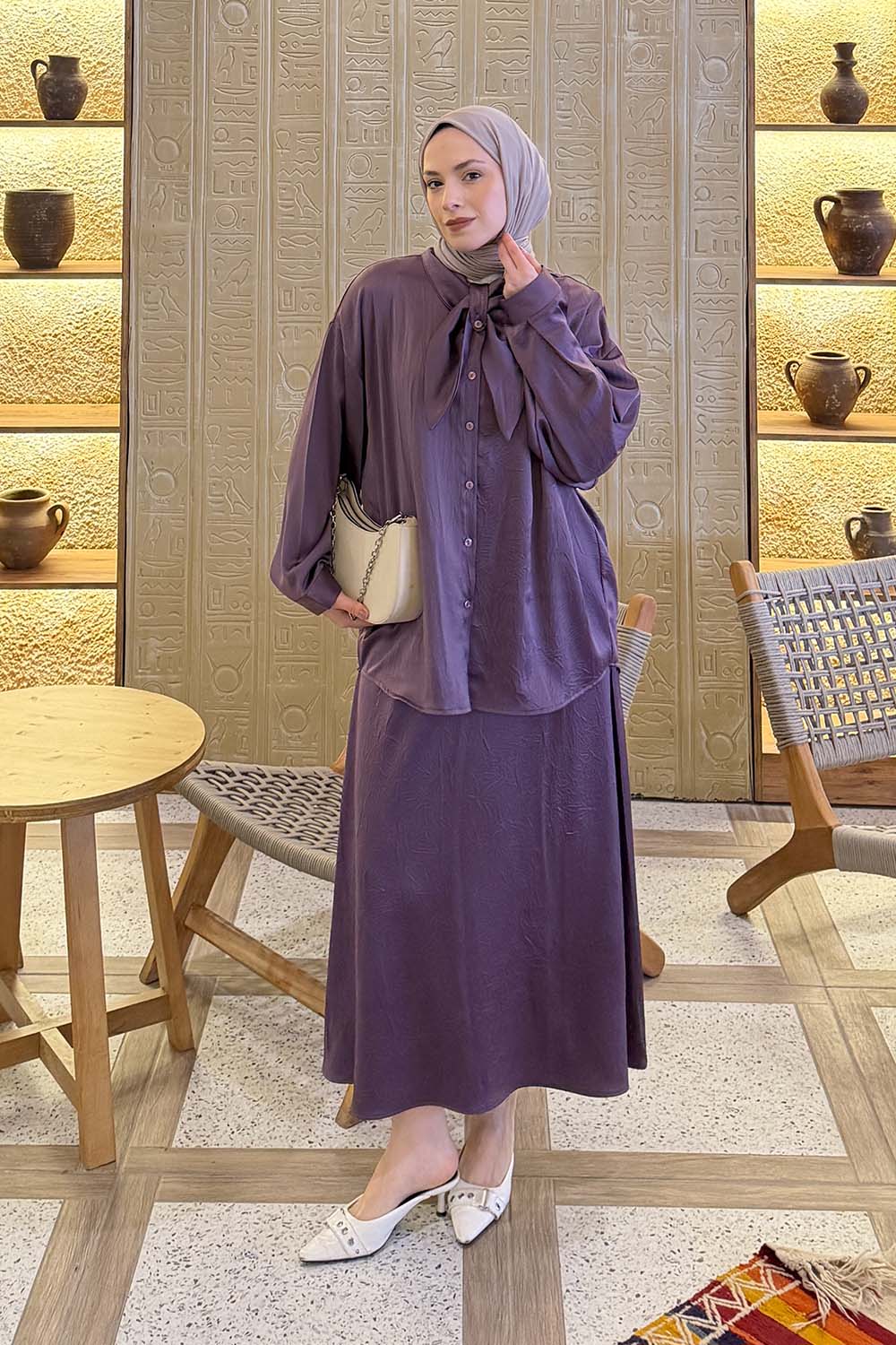 Lamelif Yaka Detaylı Etekli Takım Mor