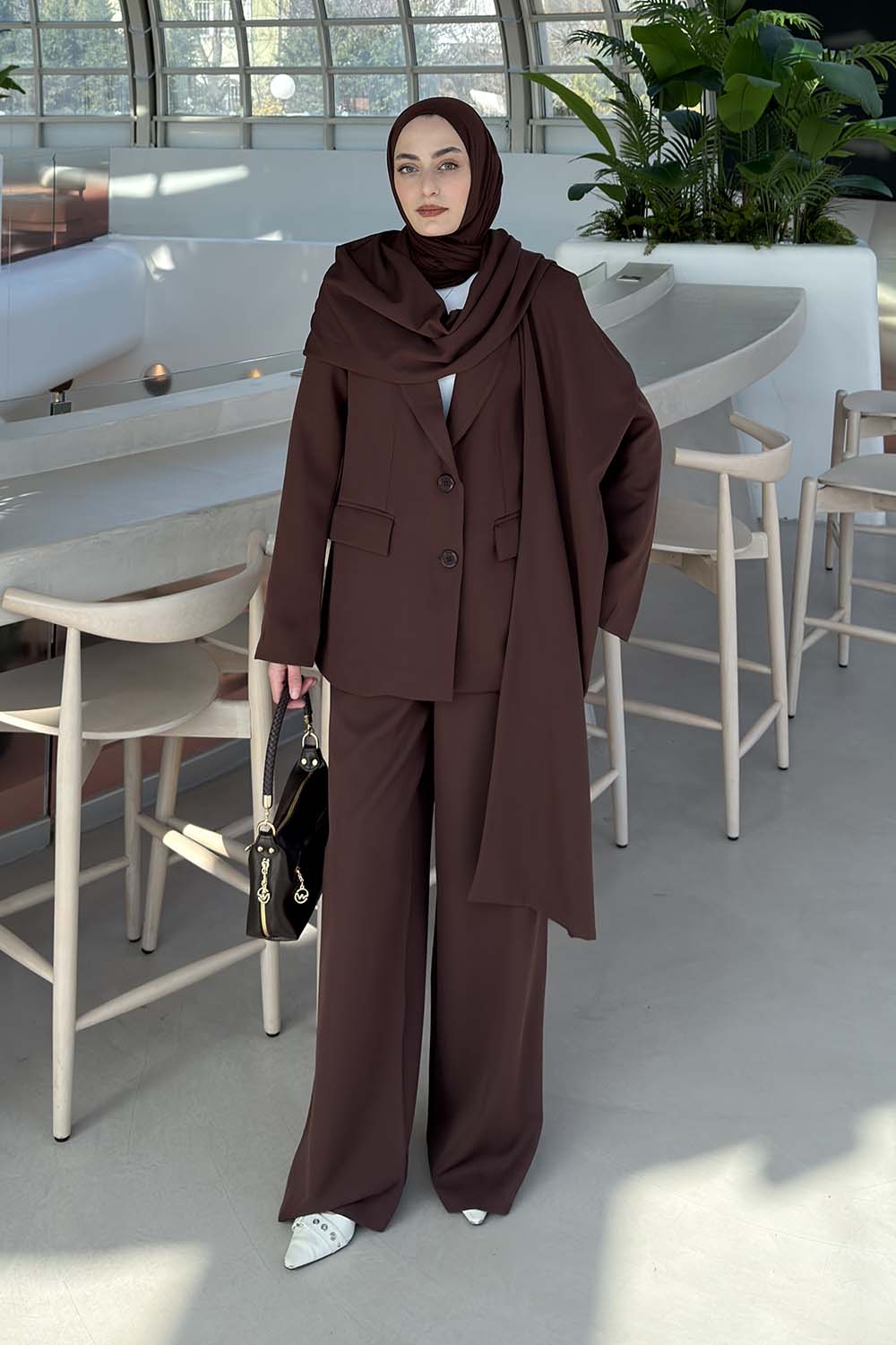 Lamelif Atkılı Blazer Takım Koyu Kahverengi