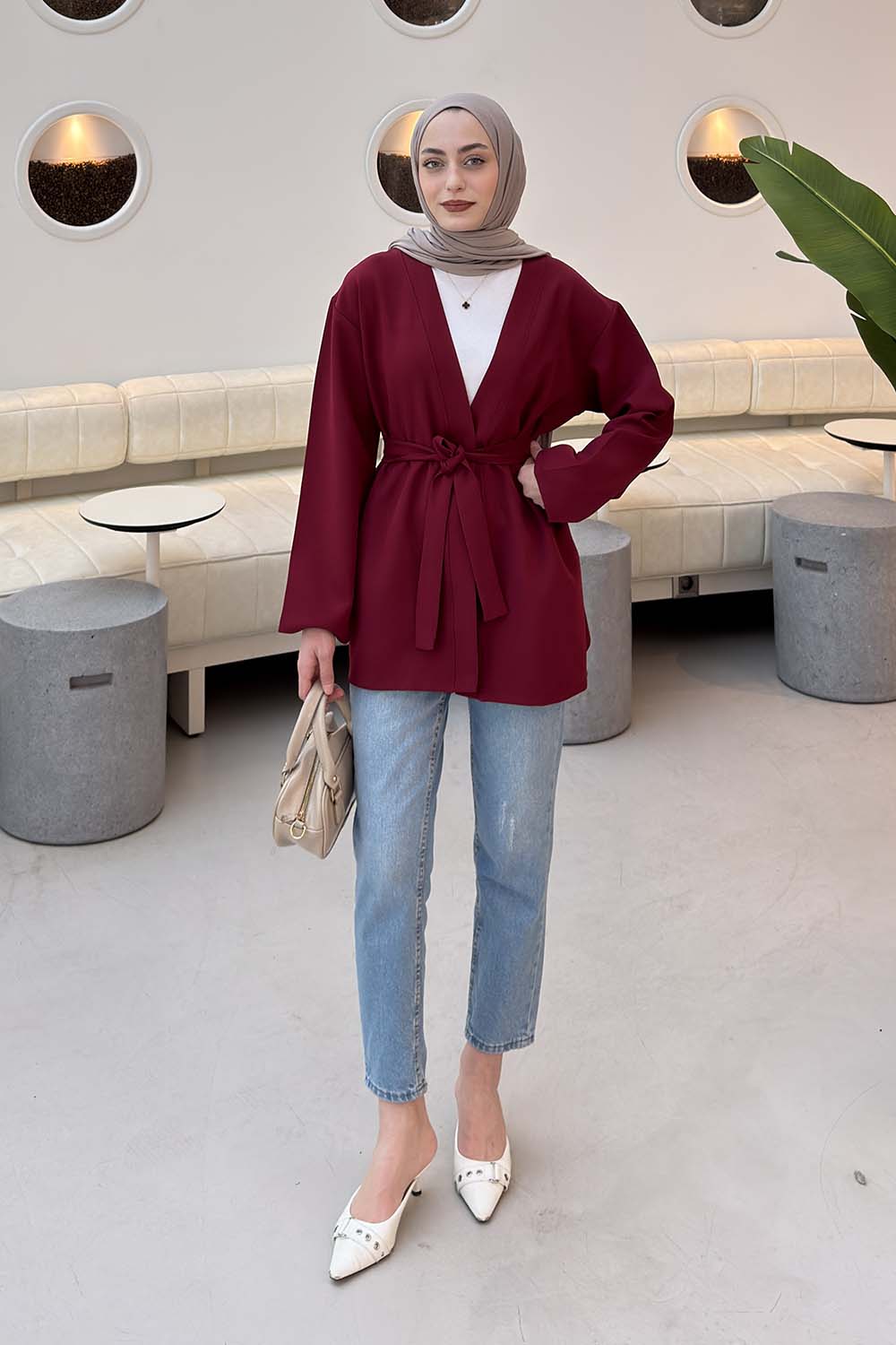 Lamelif Bağlamalı Kimono Bordo