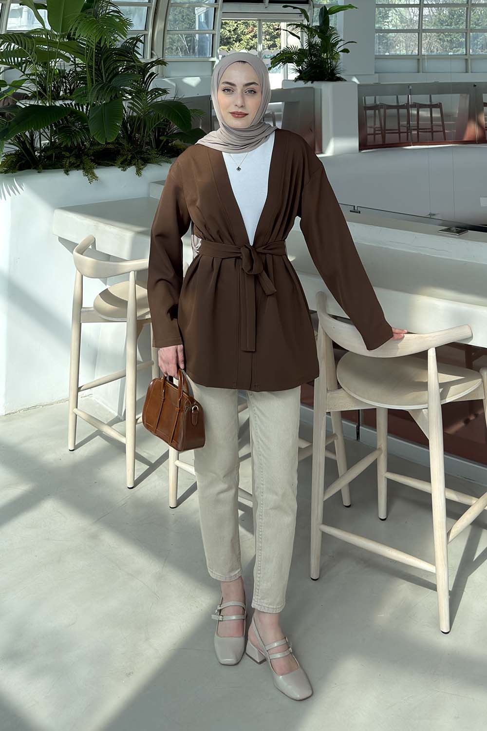 Lamelif Bağlamalı Kimono Koyu Kahverengi