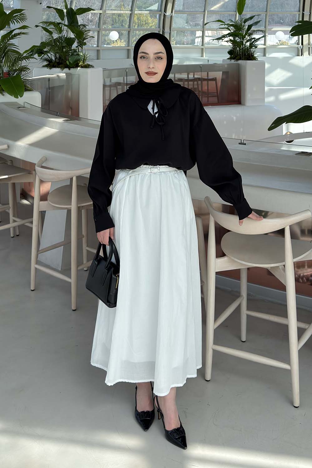 Black Peter Pan Collar Tensel Unprinted Tunic