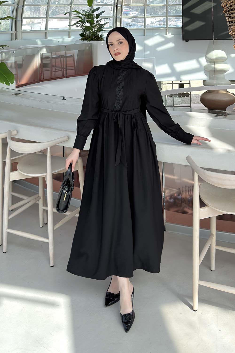 Lamelif Dantel Detaylı Bağlamalı Elbise Siyah