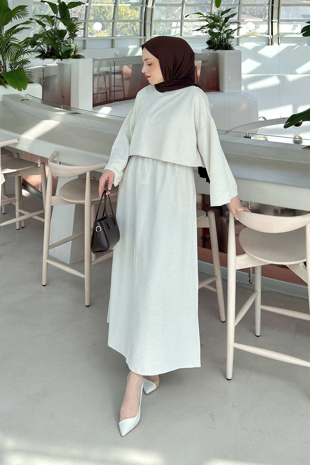 Lamelif Etekli Tesettür Takım Taş Rengi