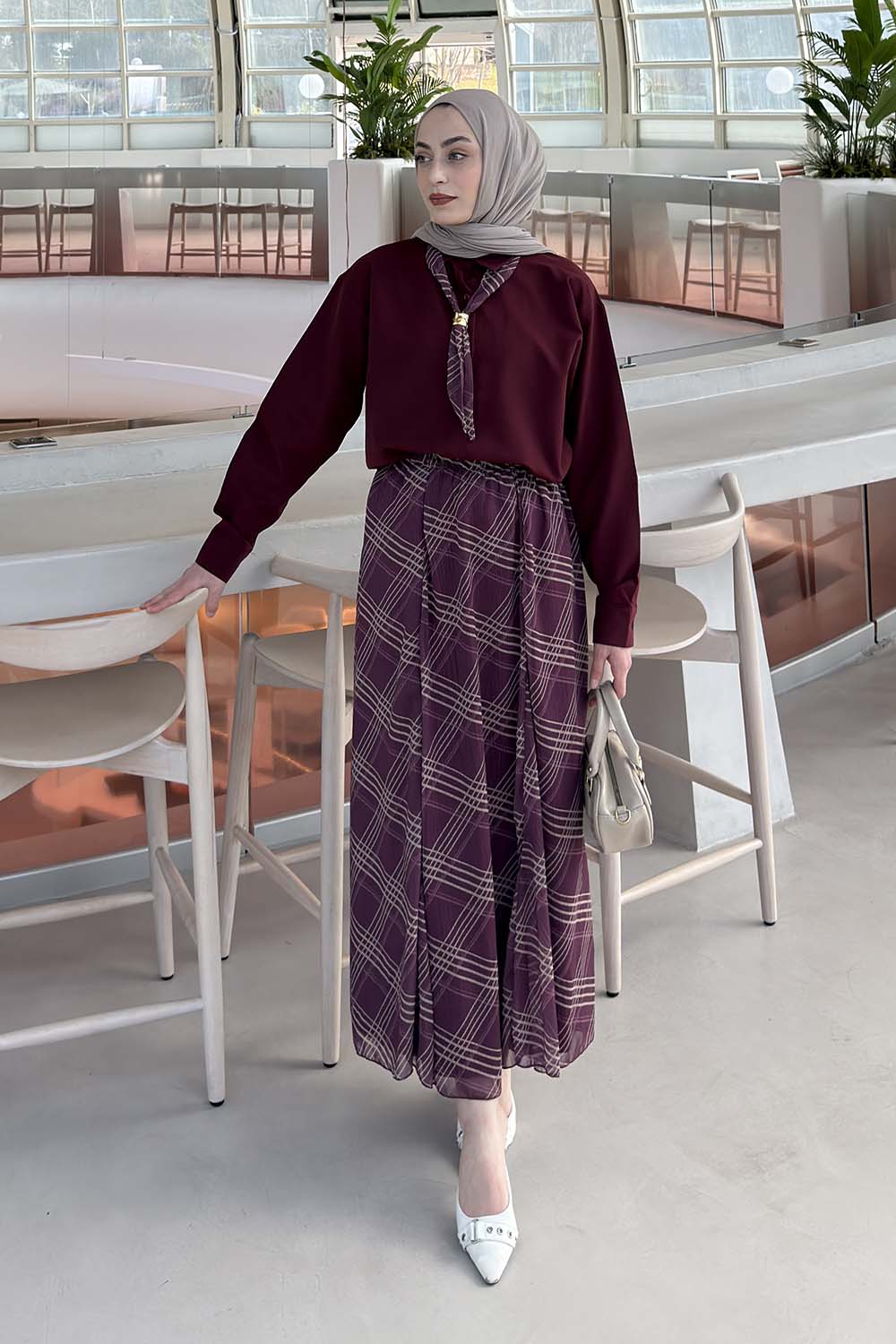 Lamelif Fular Detaylı Etekli Takım Bordo