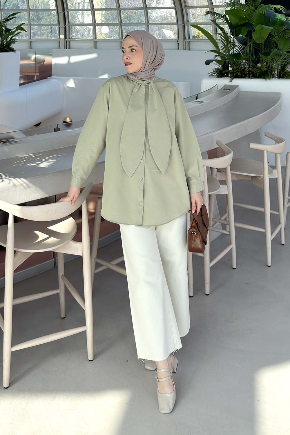 Lamelif Fular Detaylı Gömlek Çağla Yeşili