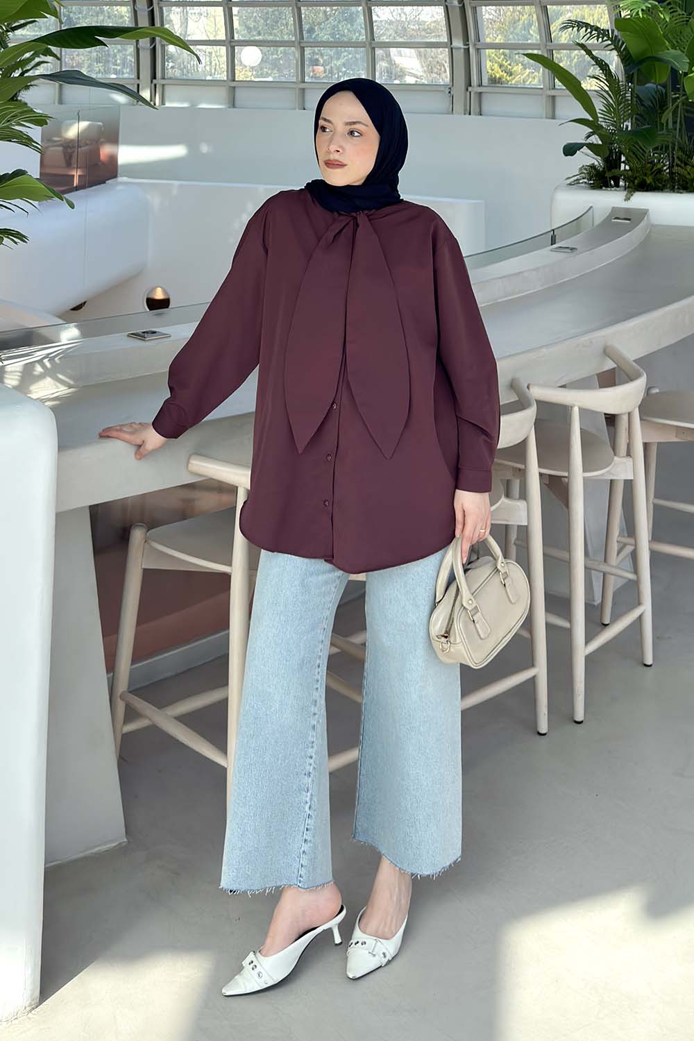 Lamelif Fular Detaylı Gömlek Mürdüm