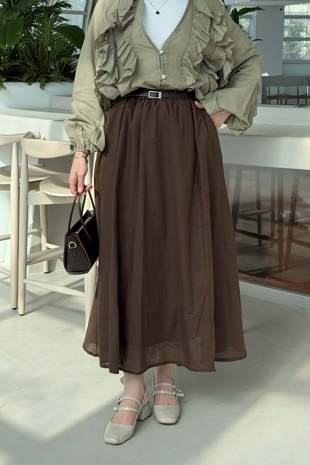 Lamelif Kemerli Cepli Tesettür Etek Acı Kahve