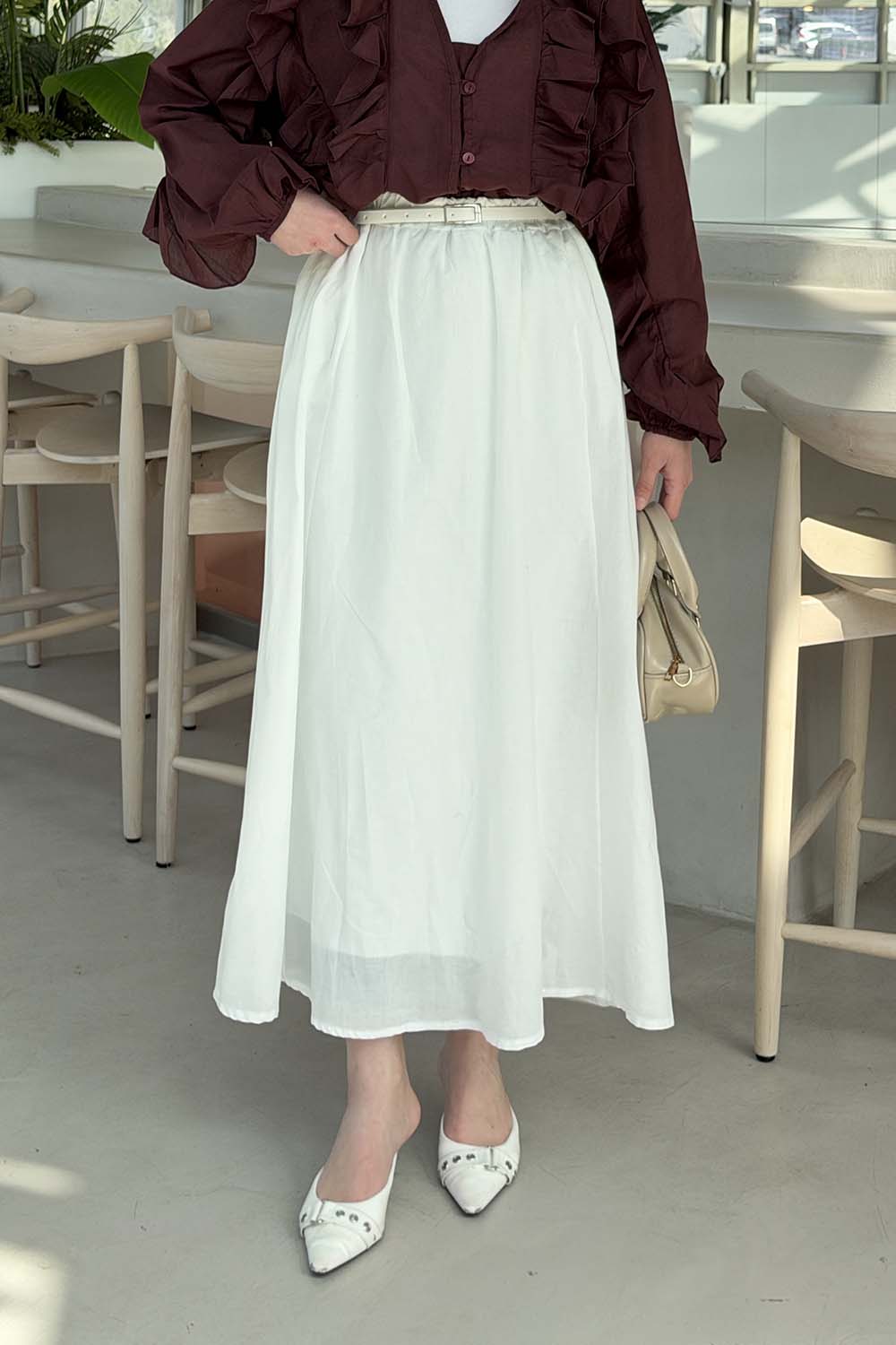 Lamelif Kemerli Cepli Tesettür Etek Beyaz