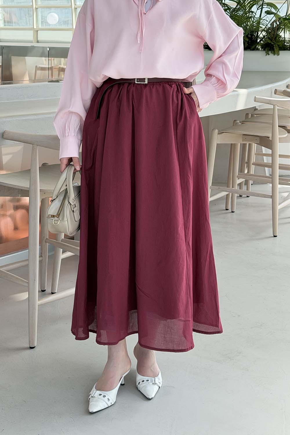 Lamelif Kemerli Cepli Tesettür Etek Bordo