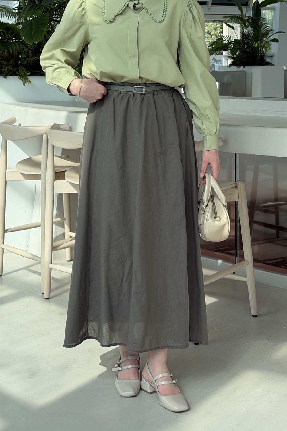 Lamelif Kemerli Cepli Tesettür Etek Haki