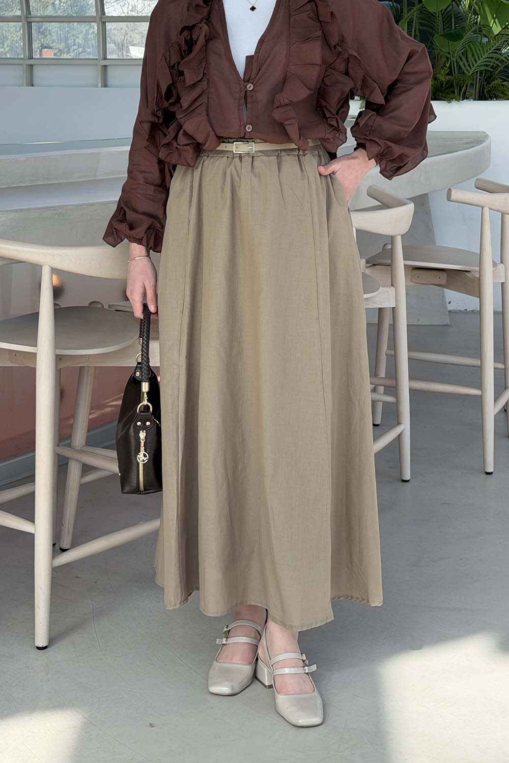 Lamelif Kemerli Cepli Tesettür Etek Koyu Bej