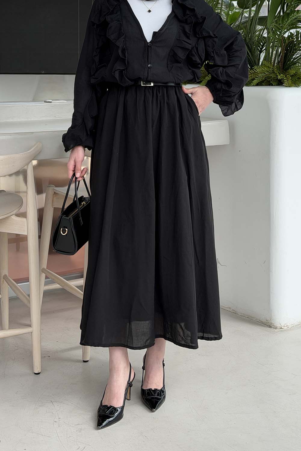 Black Cotton Flared Skirt Skirt