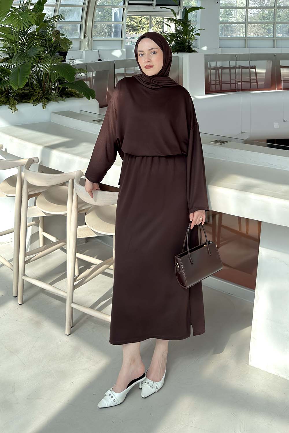Lamelif Kristal Etekli Tesettür Takım Acı Kahve