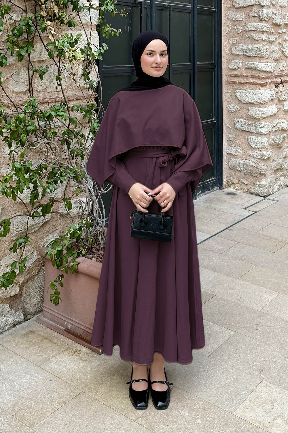 Lamelif Pelerin Detaylı Elbise Mürdüm