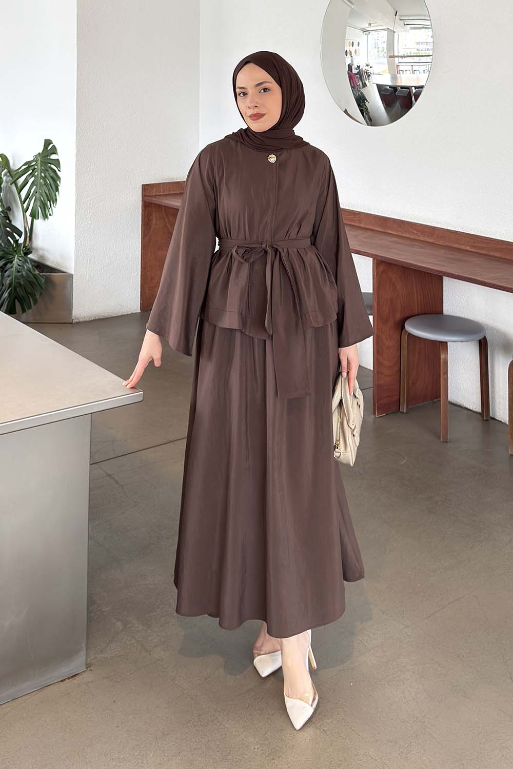Lamelif Bağlama Detaylı Etekli Takım Acı Kahve