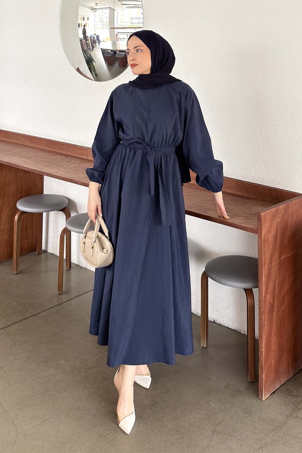 Lamelif Bağlama Detaylı Mevlana Elbise Lacivert