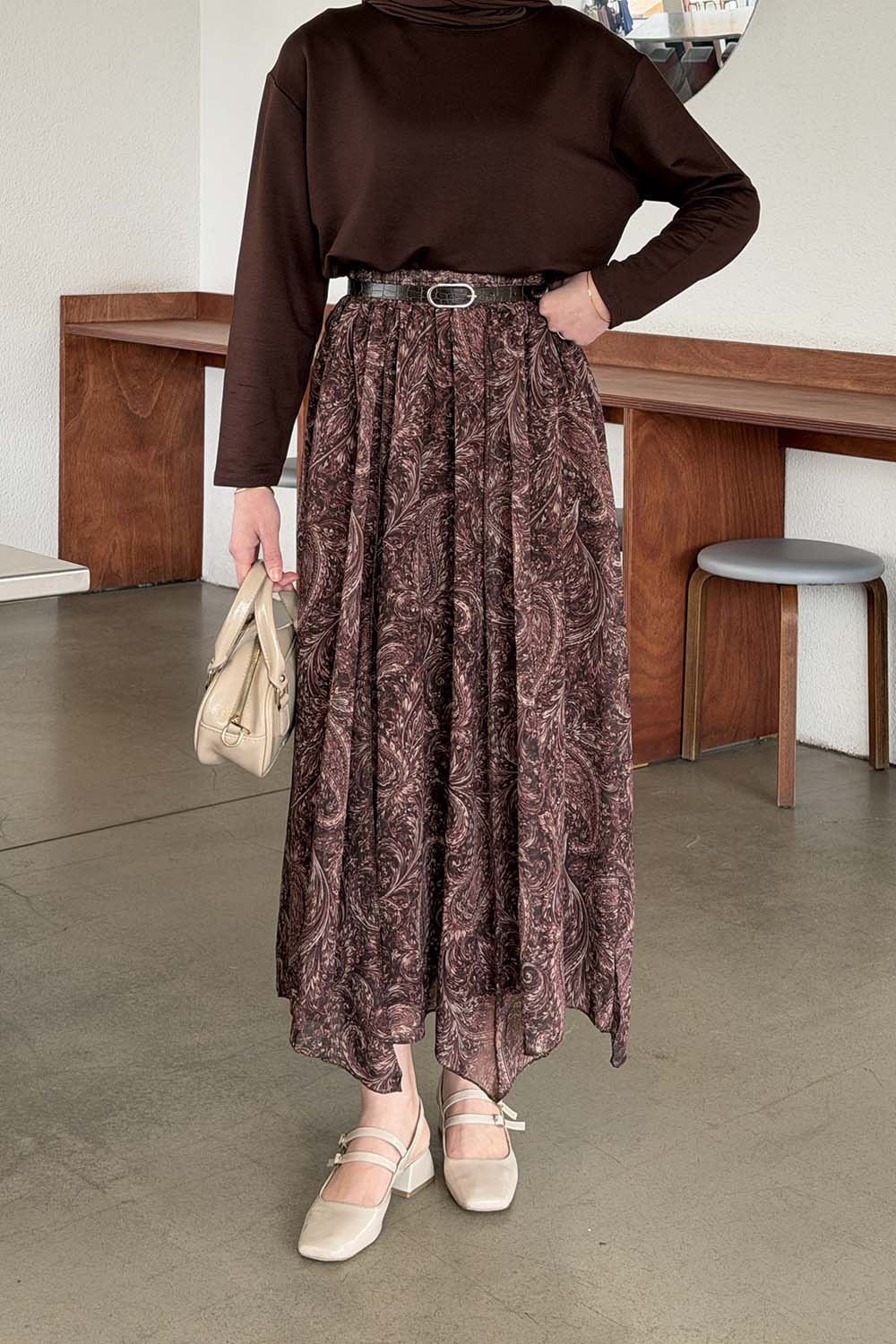 Lamelif Desenli Şifon Etek Kahve