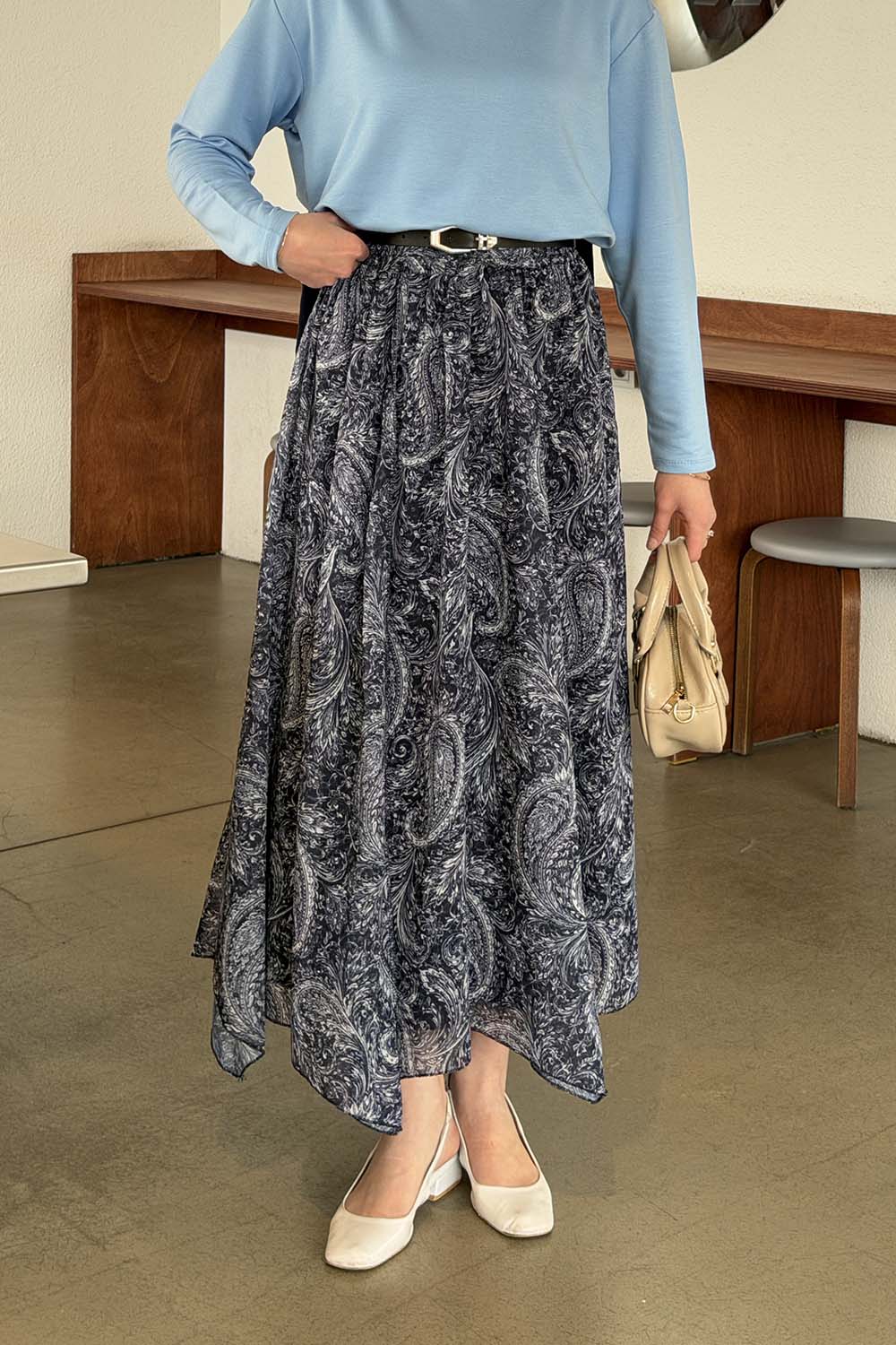 Lamelif Desenli Şifon Etek Lacivert