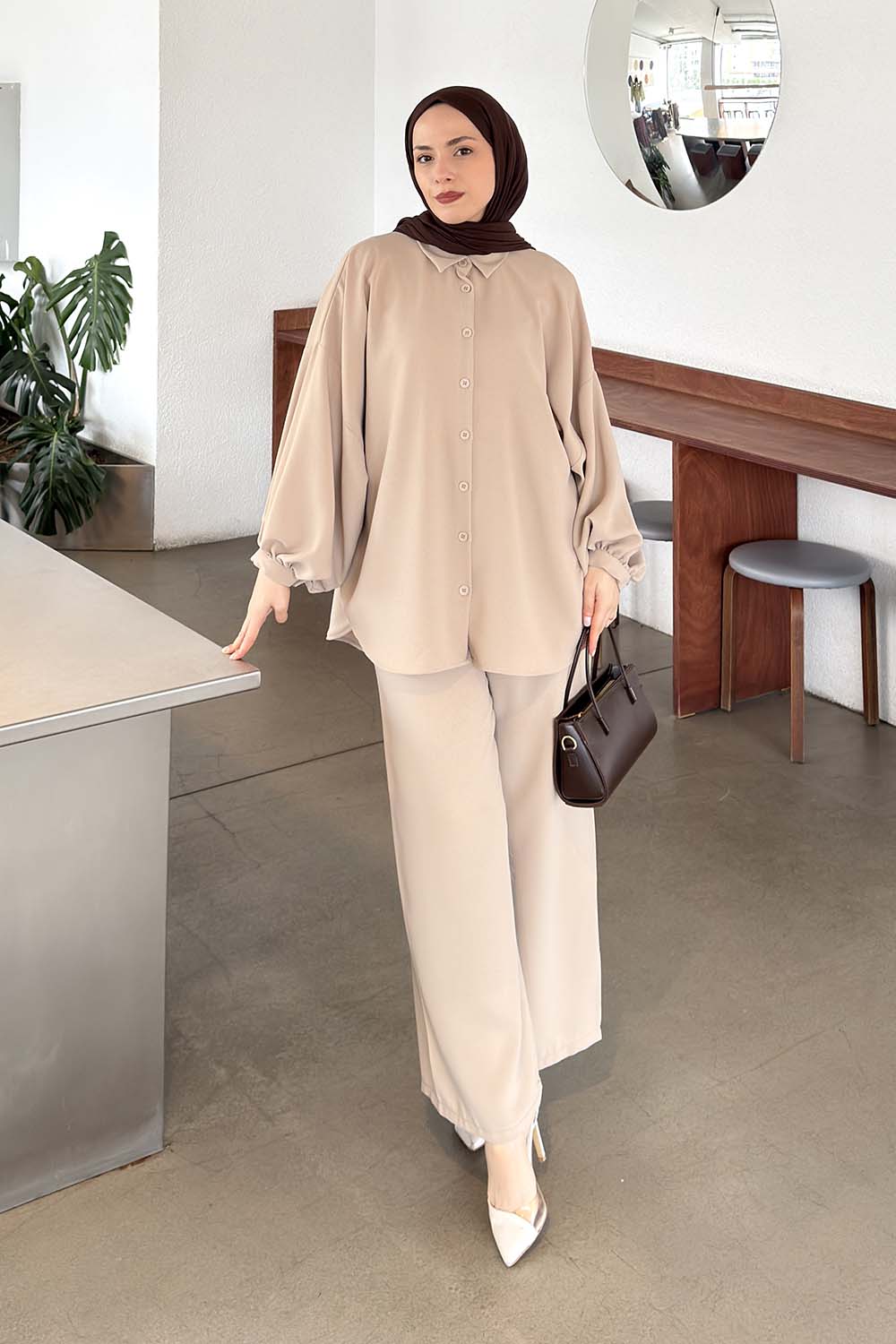 Lamelif Kol Büzgü Detaylı Takım Taş Rengi