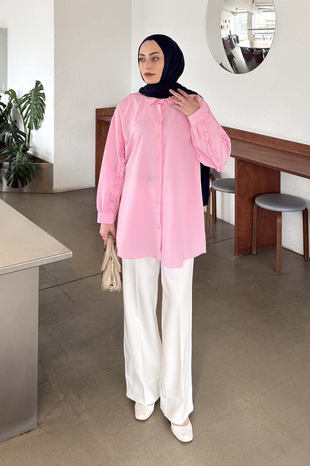 Lamelif Kol Fırfır Detaylı Gömlek Şeker Pembesi