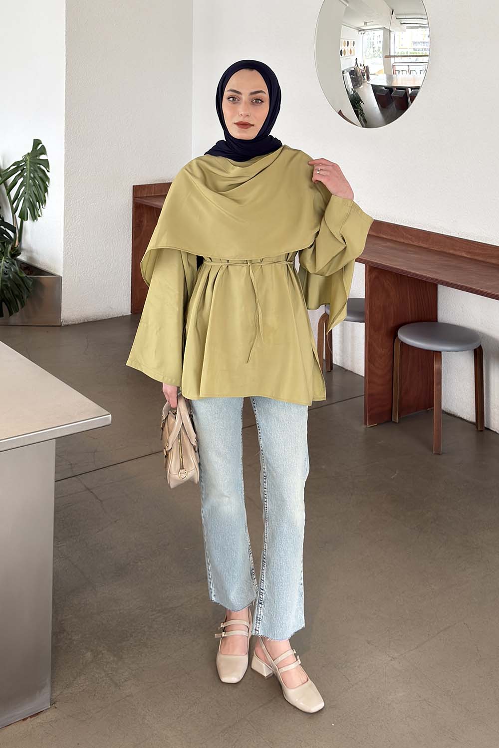 Lamelif Şallı Bluz Yağ Yeşili