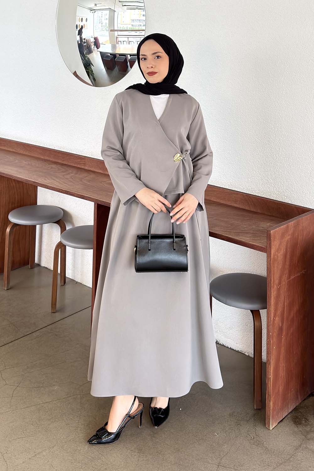 Lamelif Yan Bağlama Detaylı Etekli Takım Gri