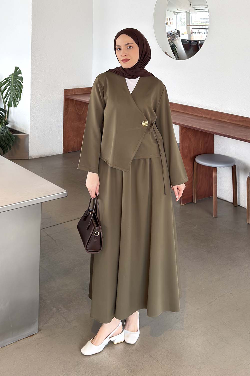 Lamelif Yan Bağlama Detaylı Etekli Takım Haki