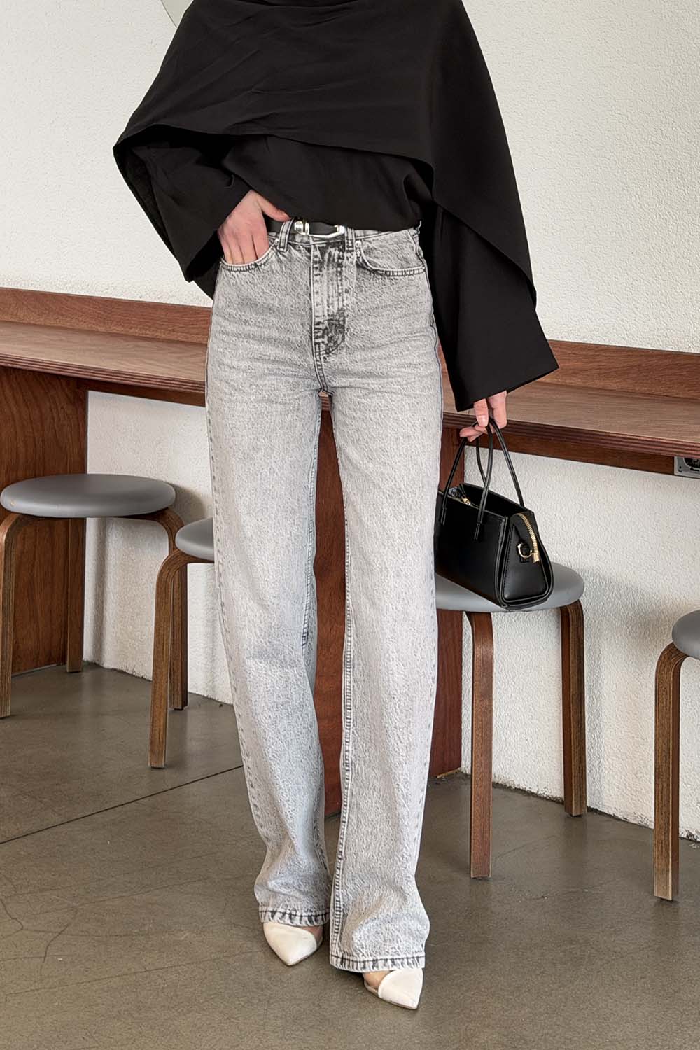 Lamelif Yüksek Bel Straight Leg Pantolon Açık Gri