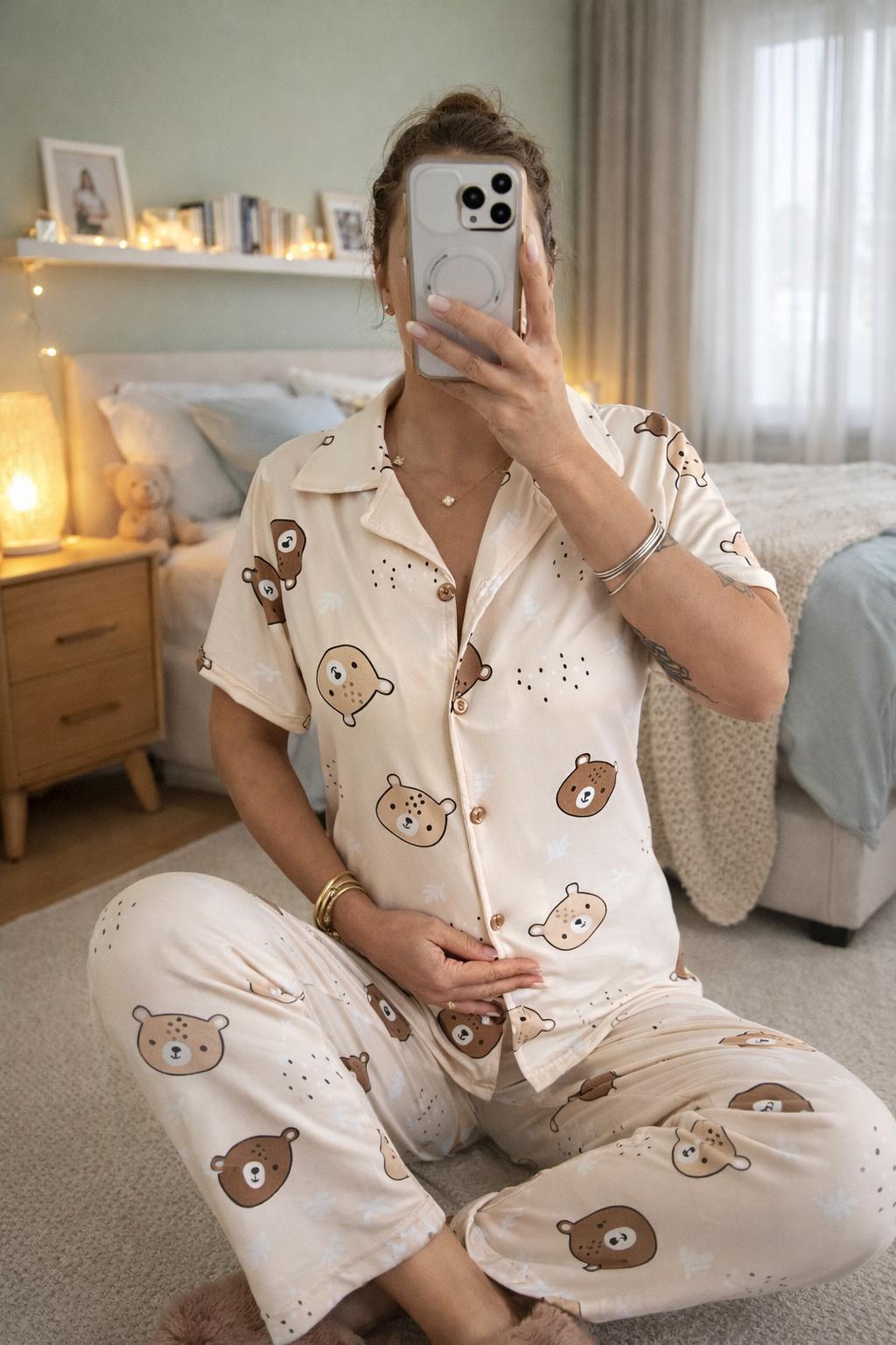 Lamelif Kadın Milan Soft Touch Ön Düğmeli Teddy Mood Pijama Takımı