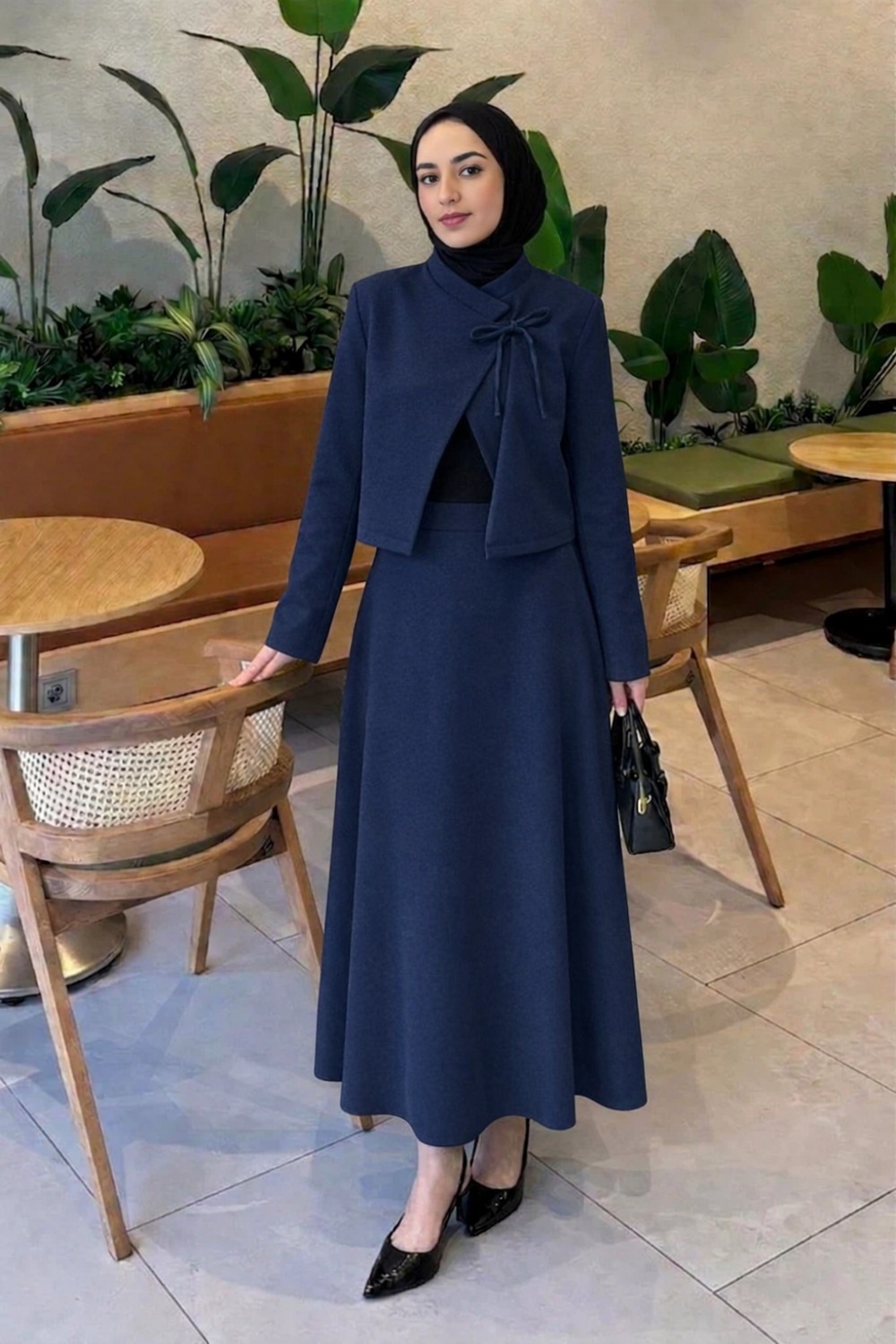 Lamelif Yaka Bağlama Detaylı Ceket-Etek Takım Lacivert