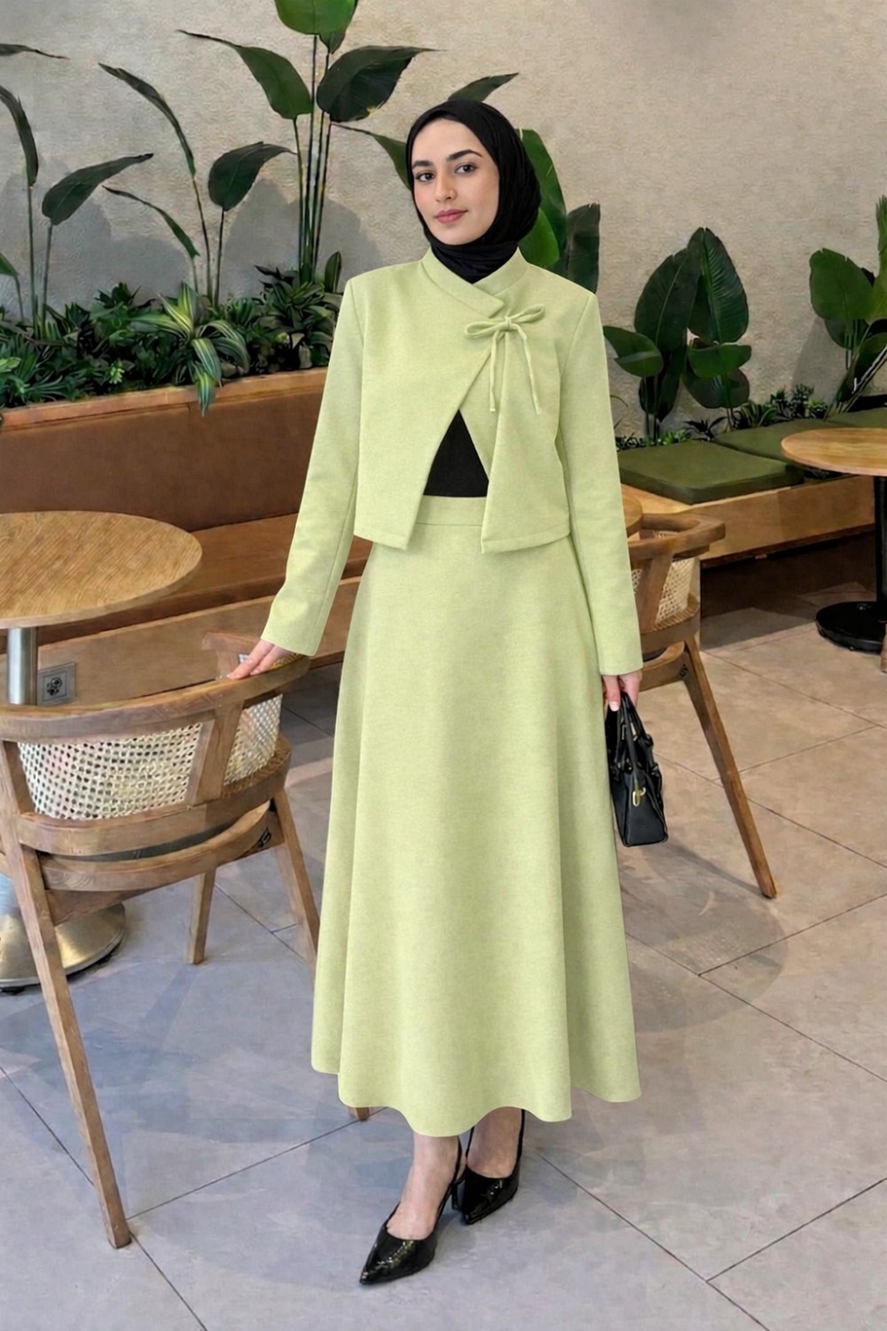 Lamelif Yaka Bağlama Detaylı Ceket-Etek Takım Mint Yeşili
