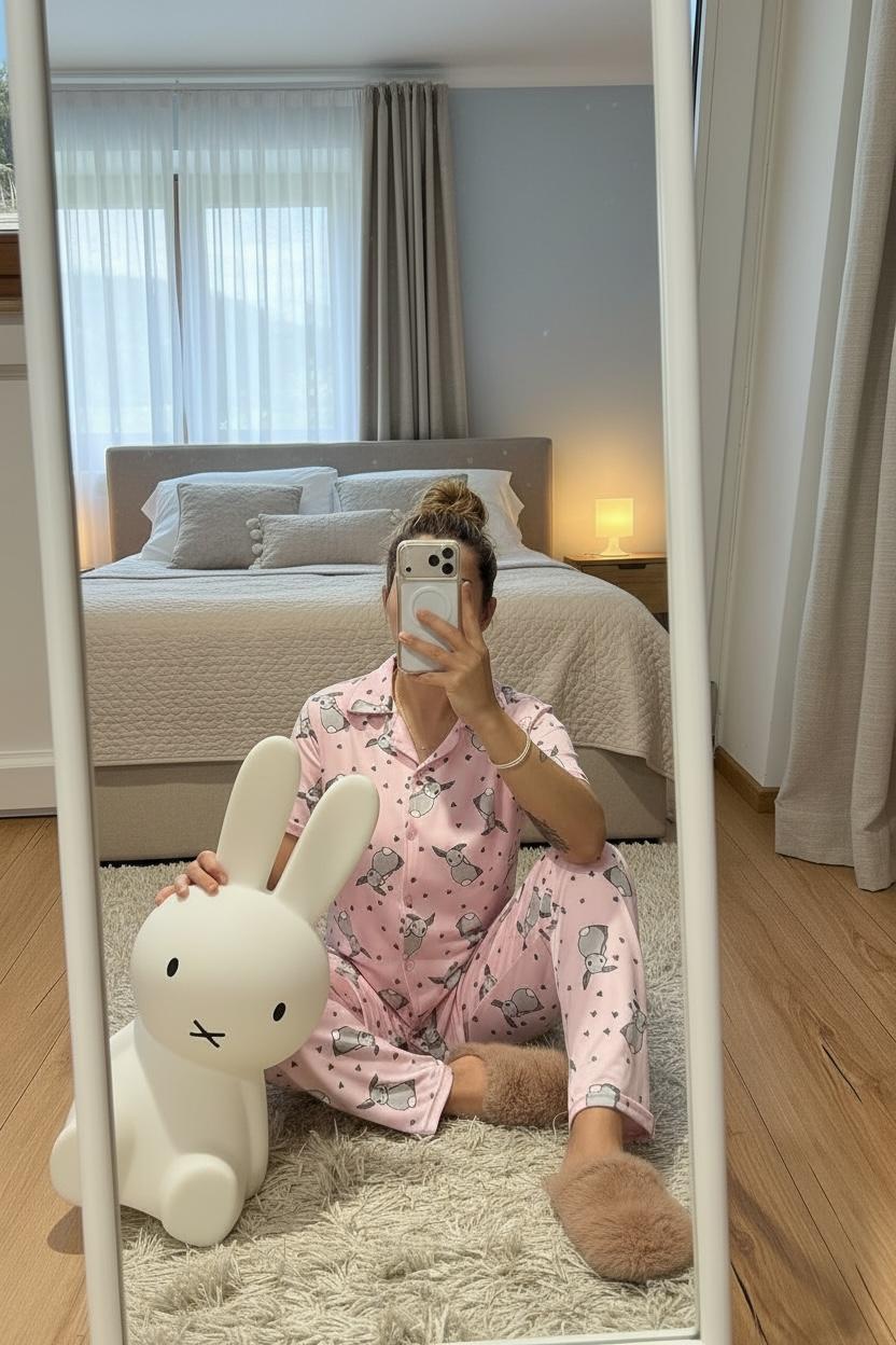 Lamelif Kadın Milan Kumaş  Tavşan Desenli Ön Düğmeli  Mood Pijama Takımı