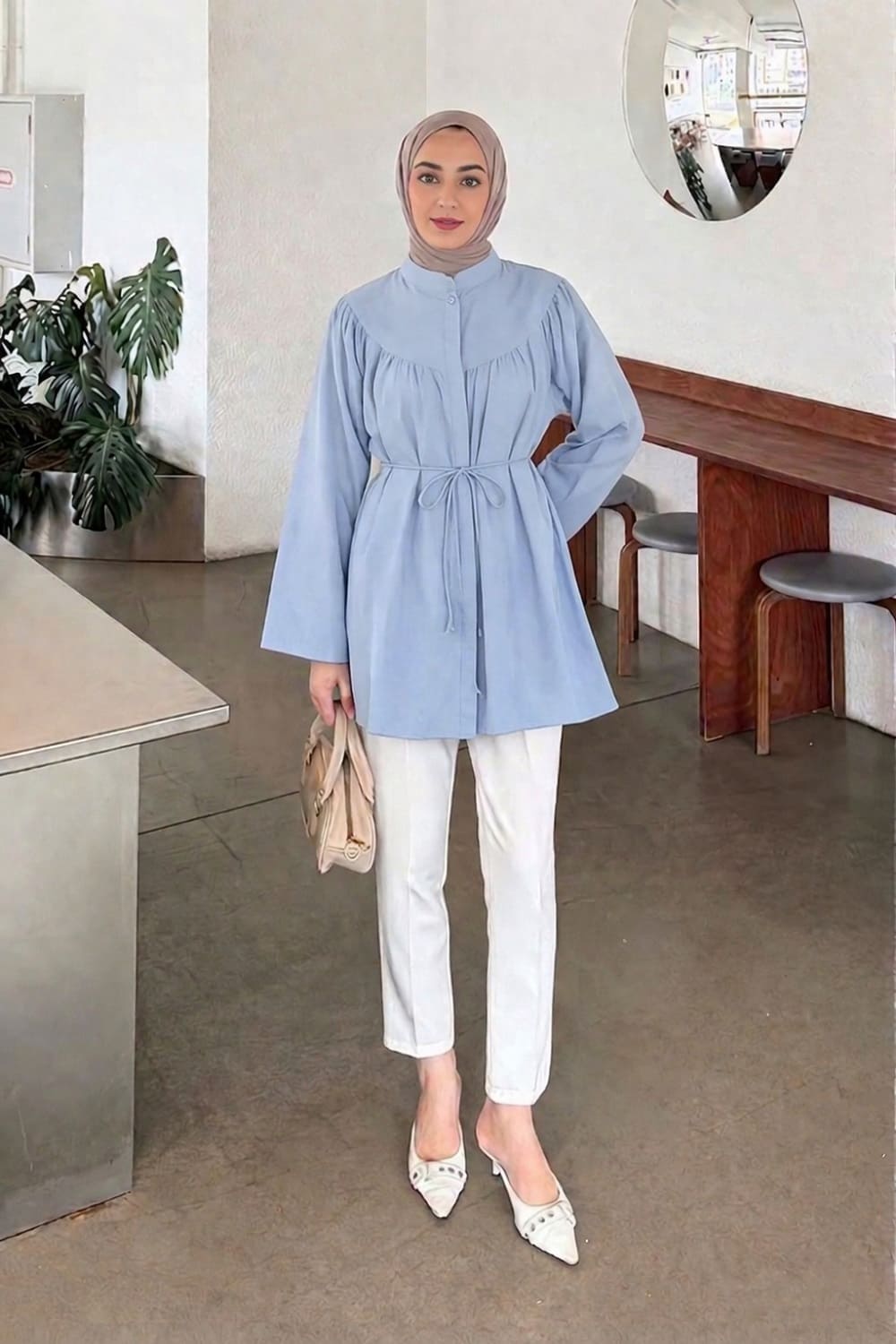 Lamelif Bağlama Detaylı Tesettür Gömlek Bebe Mavisi