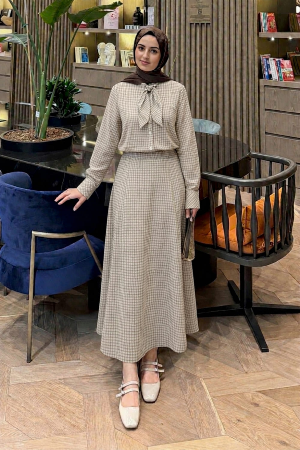 Lamelif Ekose Desen Kravat Yaka Takım Yağ Yeşili