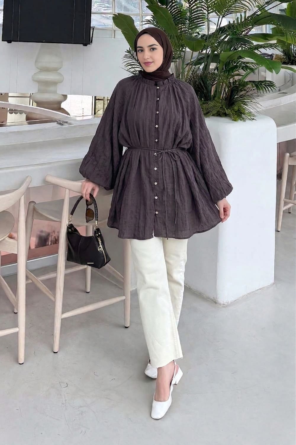 Lamelif Fırfır Yaka Krinkle Tunik Koyu Kahverengi