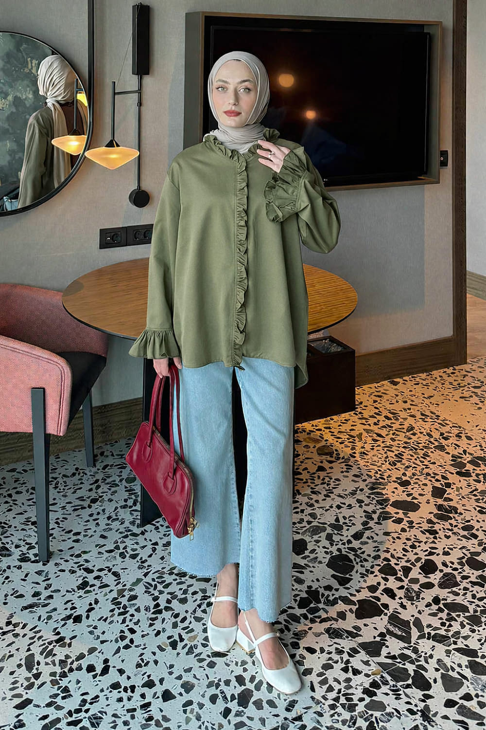 Lamelif Fırfırlı Gömlek Haki