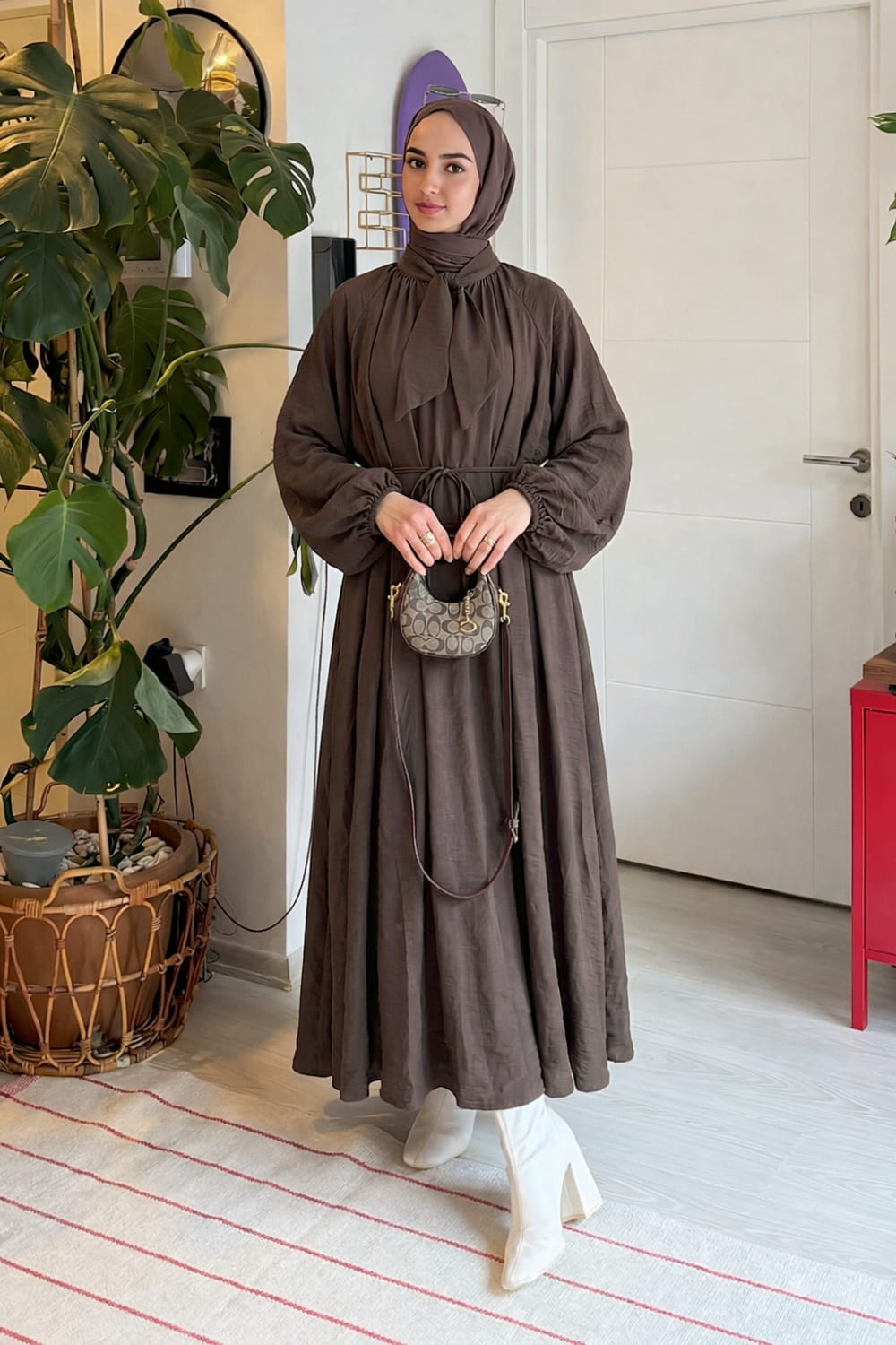 Lamelif Fular Yaka Bağlamalı Tesettür Elbise Kahverengi