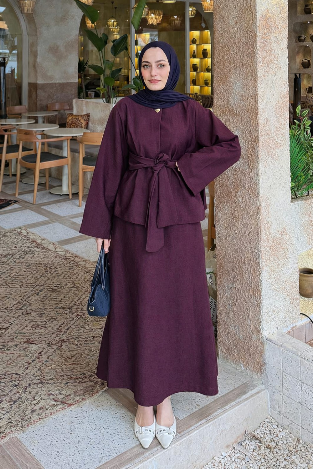 Lamelif Gold Düğmeli Etekli Takım Mürdüm