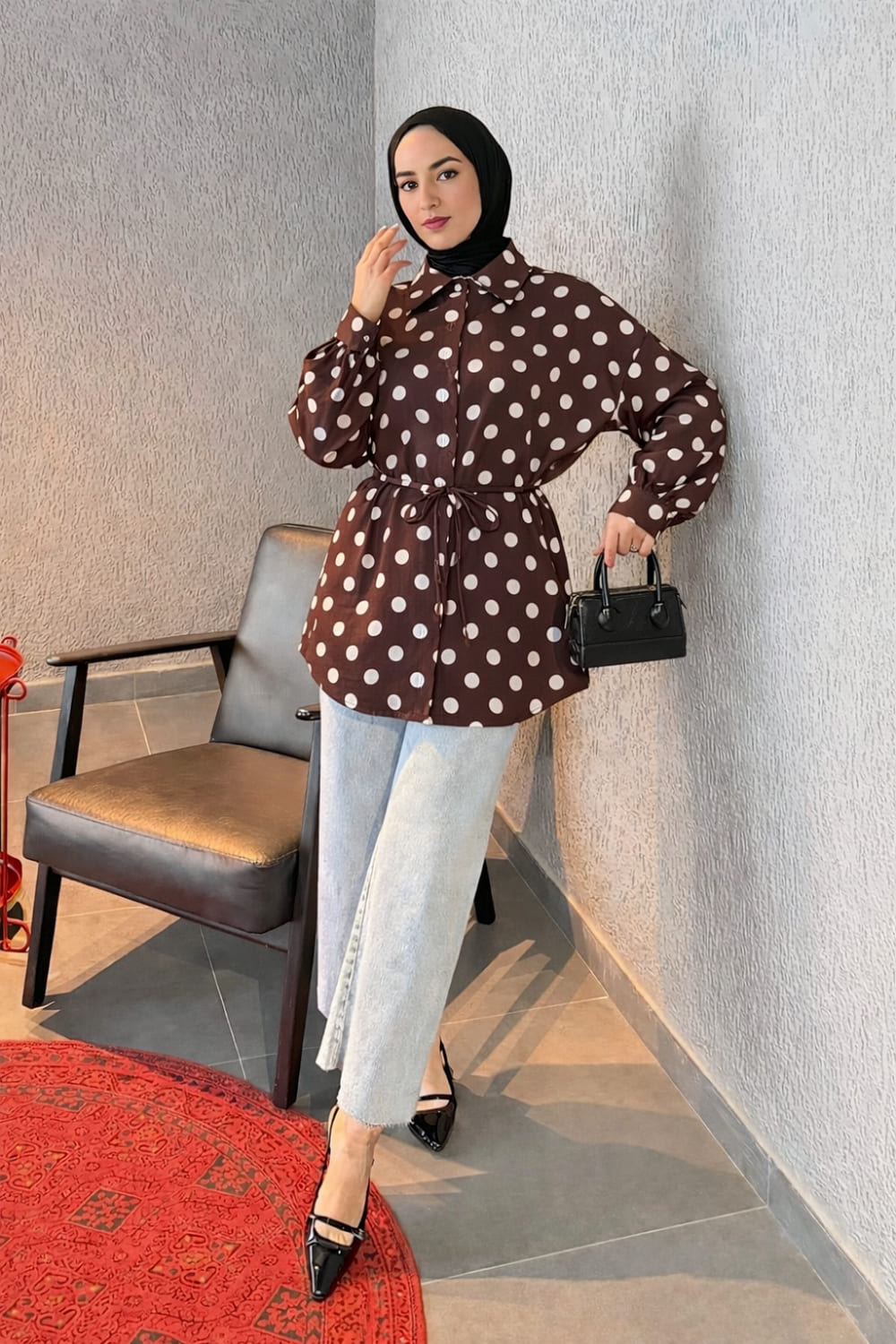 Lamelif Puantiyeli Bağlama Detaylı Gömlek Acı Kahve