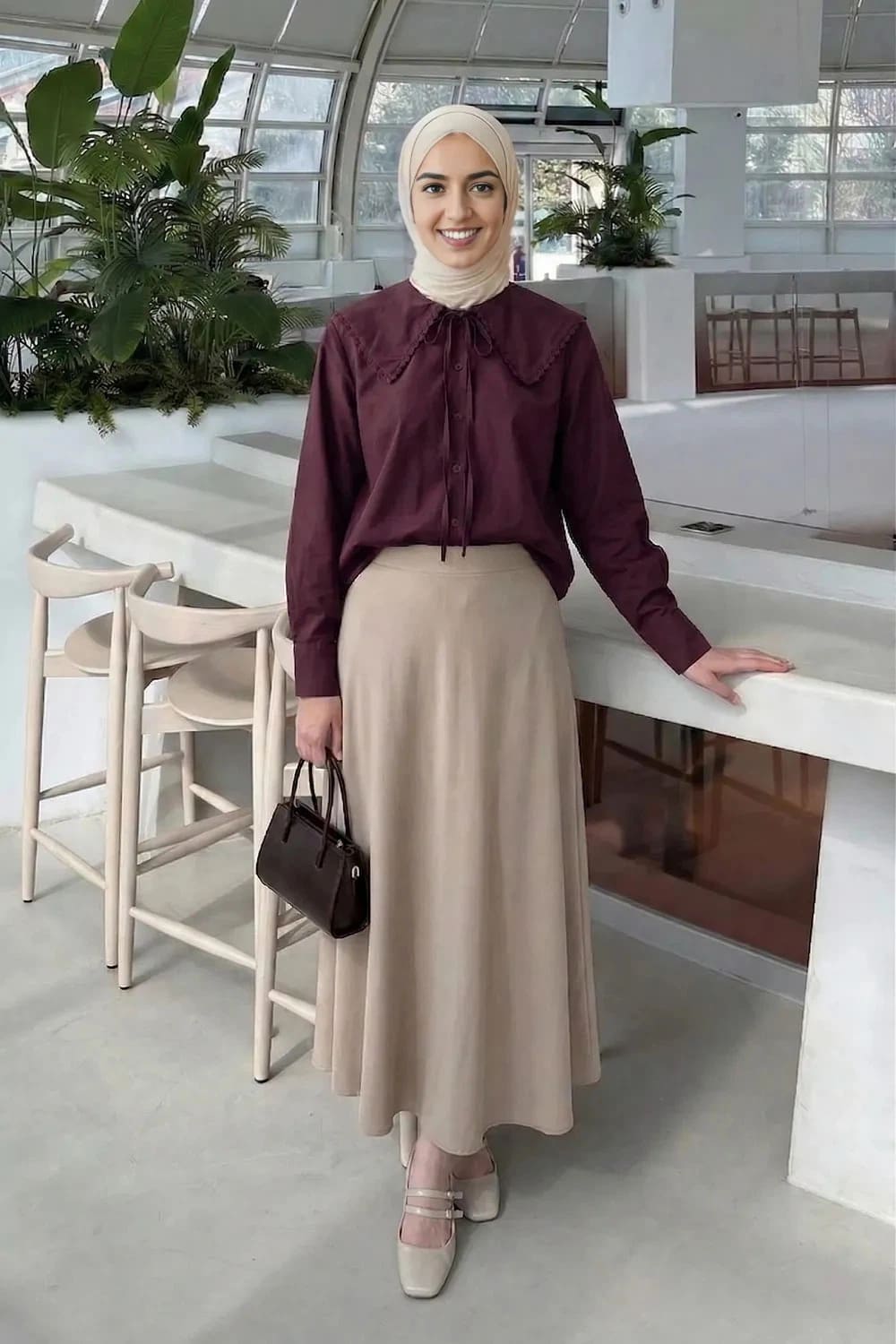 Plum Peter Pan Collar Long Arm Viscose Fabric Unprinted Shirt