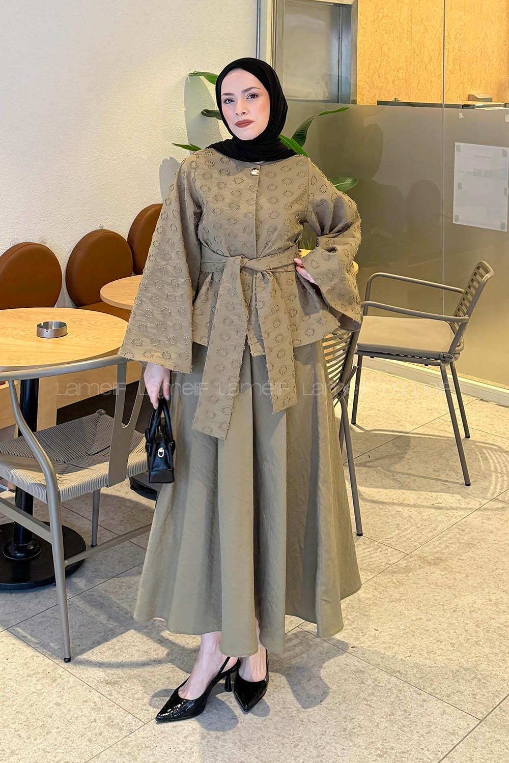 Lamelif Kabartma Nakış İşlemeli Takım Haki