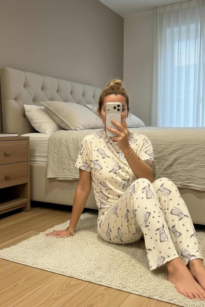 Lamelif Kadın Milan Kumaş  Tavşan   Desenli Pijama Takımı