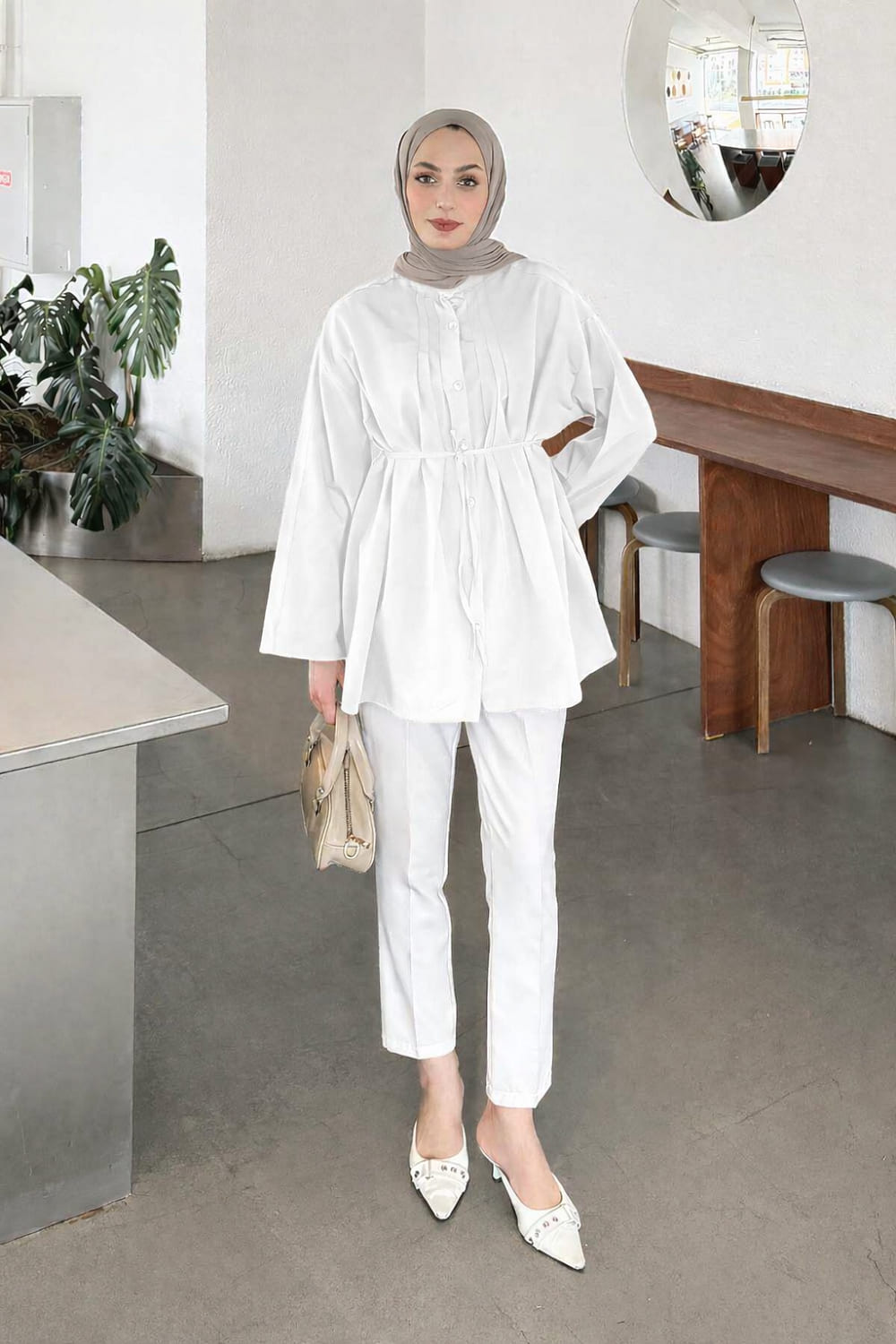 Lamelif Piliseli Geniş Kol Gömlek Beyaz